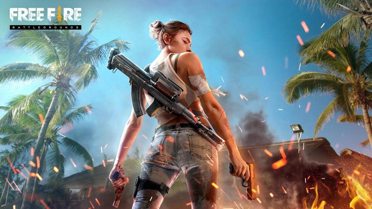 Free Fire action artwork with a character in a tropical battleground